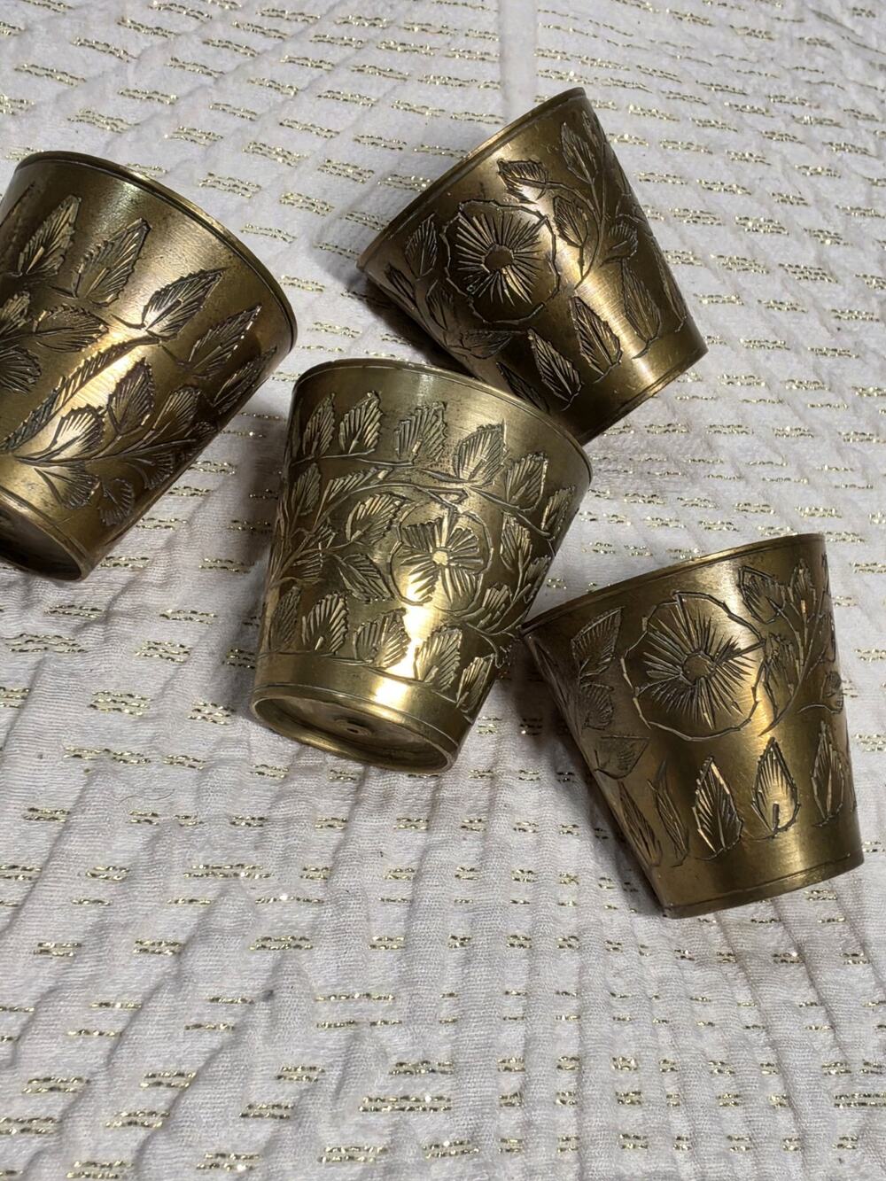 Mini Trinket 4 Vtg Etched Solid Brass HandCarve Embossed Floral Decor Barware